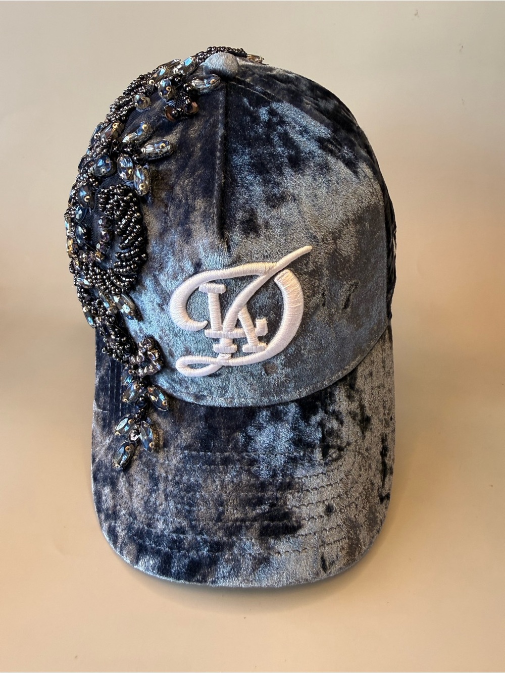 Embellished Velvet Statement Cap in Blue with White Monogram